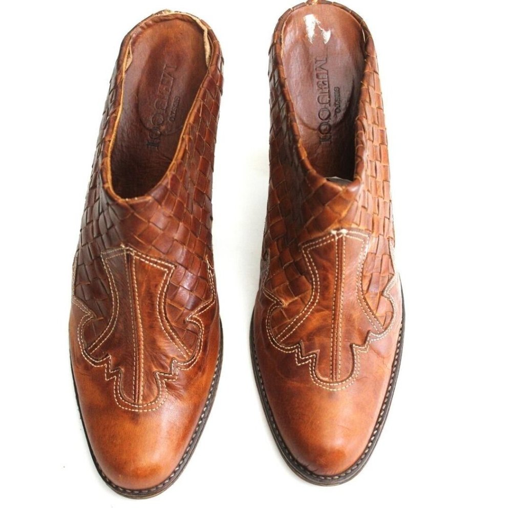 Leather Mules Loafer High Stacked Heel Woven Western Cowgirl Baddie 6.5 Rodeo